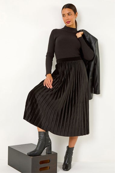 Roman Black Velvet Pleated Midi Skirt