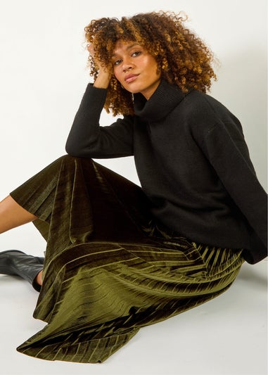 Roman Dark Green Velvet Pleated Midi Skirt