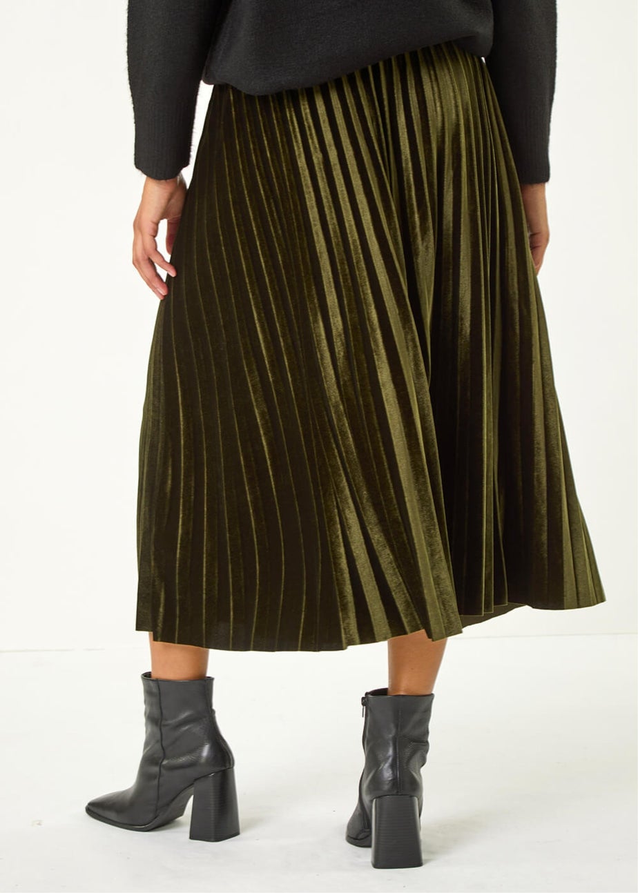 Roman Dark Green Velvet Pleated Midi Skirt