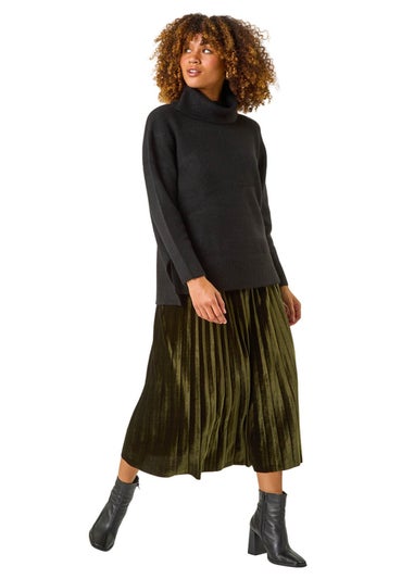 Roman Dark Green Velvet Pleated Midi Skirt
