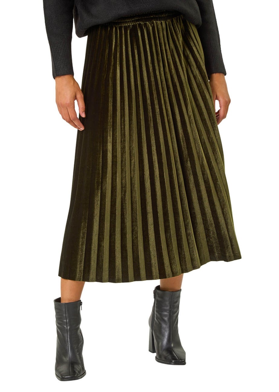 Roman Dark Green Velvet Pleated Midi Skirt
