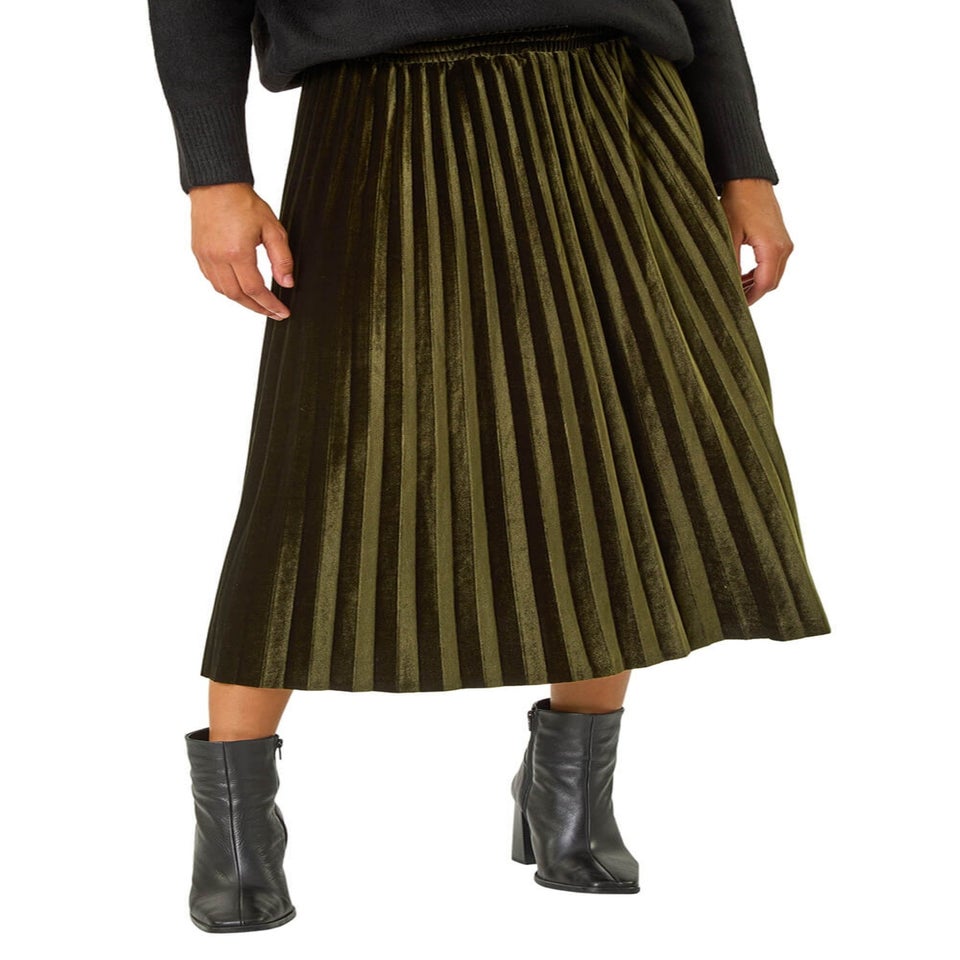 Roman Dark Green Velvet Pleated Midi Skirt