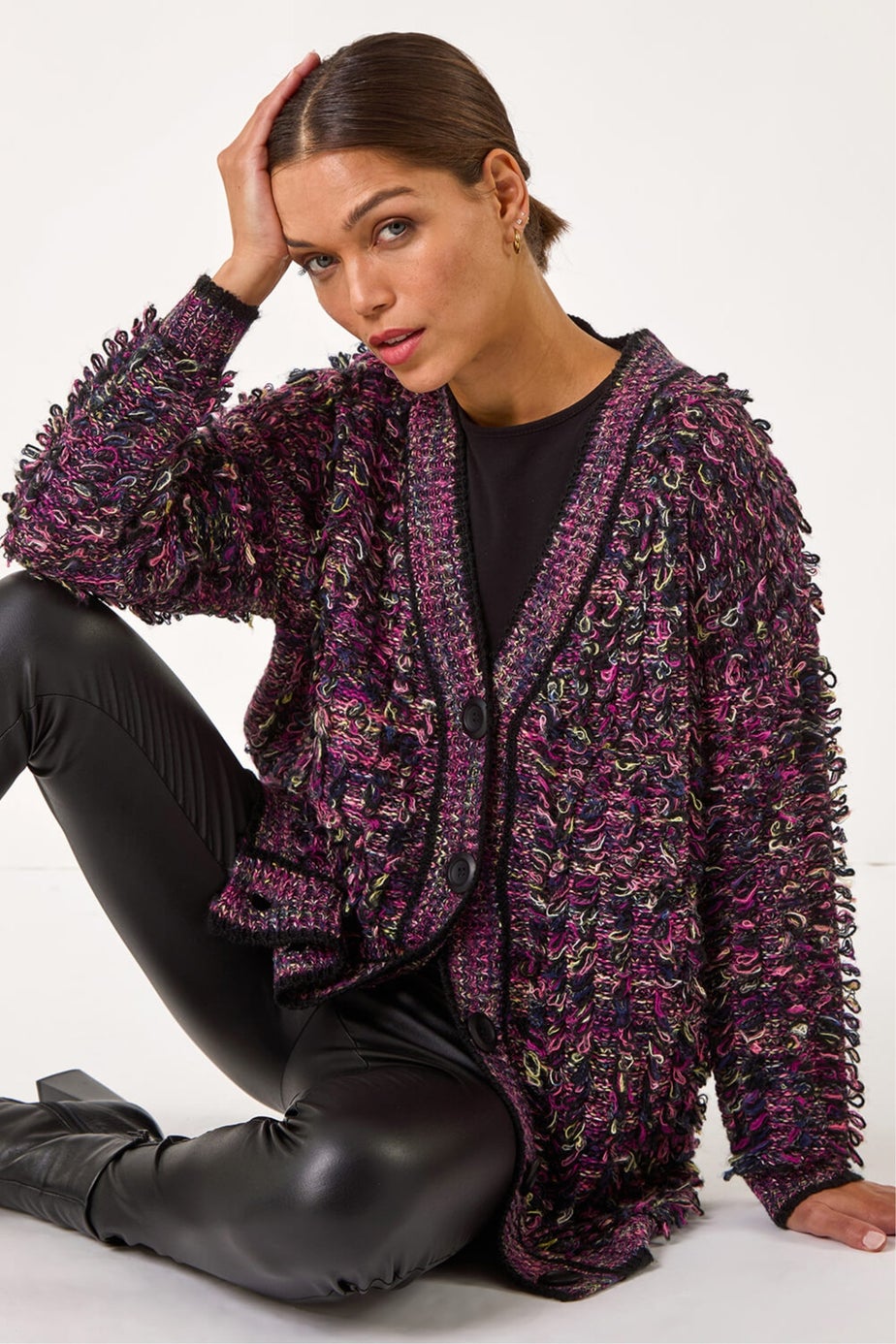 Roman Purple Loop Knit Button Cardigan