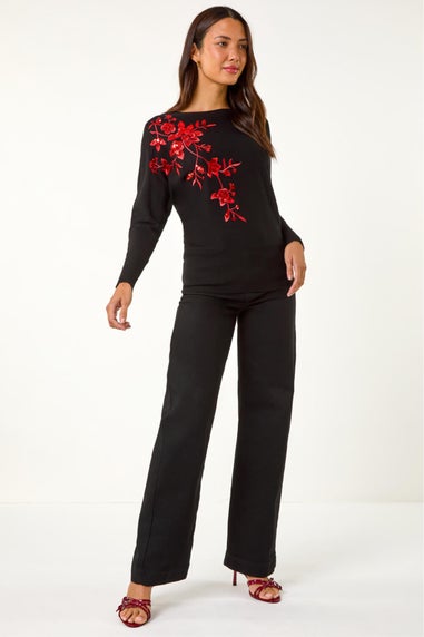 Roman Black Sparkly Floral Knitted Jumper