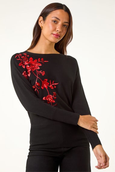 Roman Black Sparkly Floral Knitted Jumper