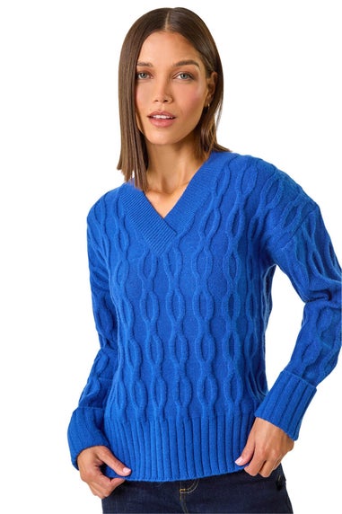 Roman Royal Blue V-Neck Cable Knit Jumper
