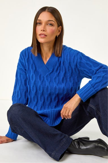 Roman Royal Blue V-Neck Cable Knit Jumper