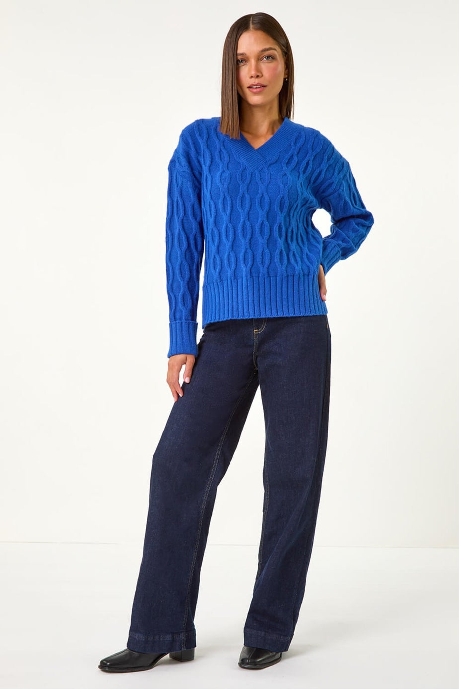 Roman Royal Blue V-Neck Cable Knit Jumper