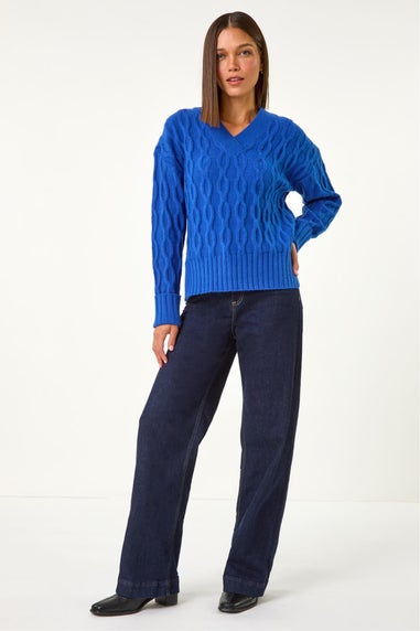 Roman Royal Blue V-Neck Cable Knit Jumper