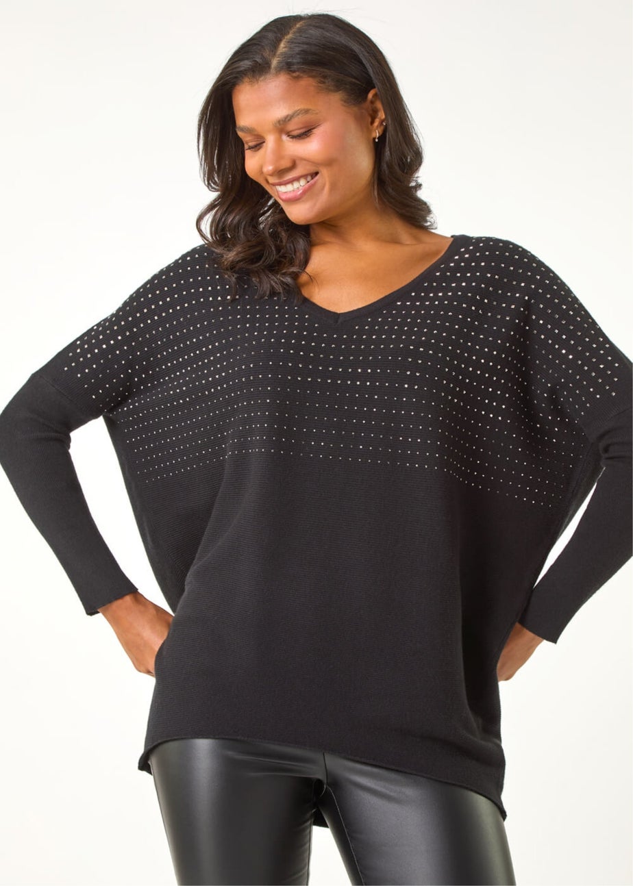 Roman Black Relaxed Sparkly V-Neck Knitted Jumper