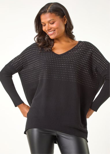 Roman Black Relaxed Sparkly V-Neck Knitted Jumper