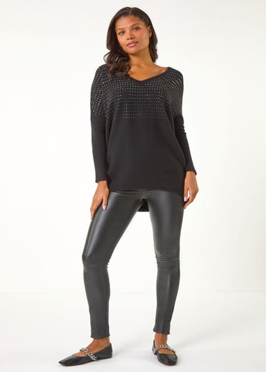 Roman Black Relaxed Sparkly V-Neck Knitted Jumper