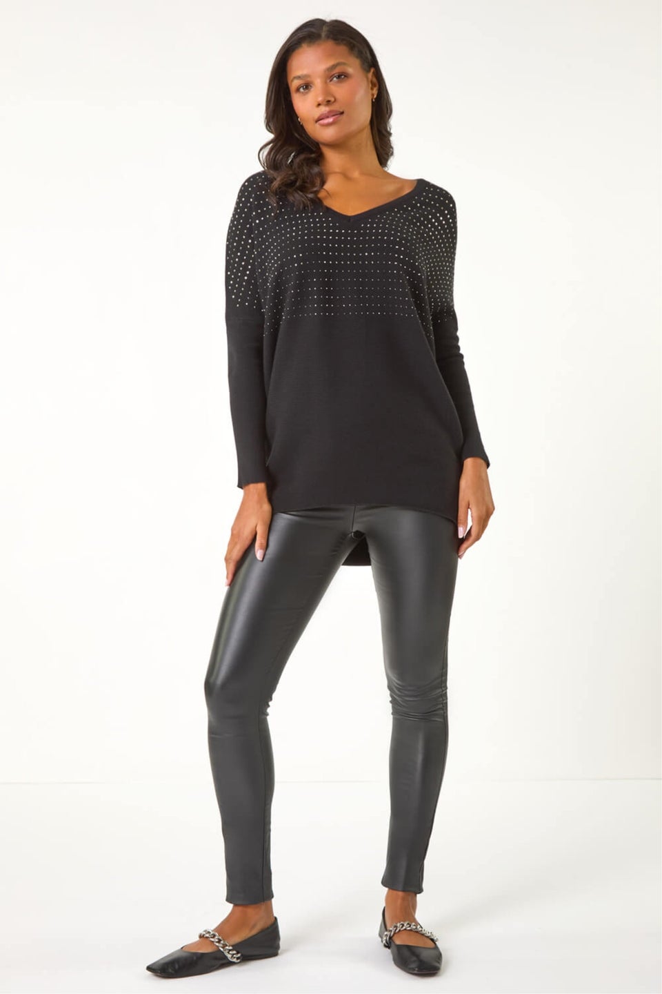 Roman Black Relaxed Sparkly V-Neck Knitted Jumper