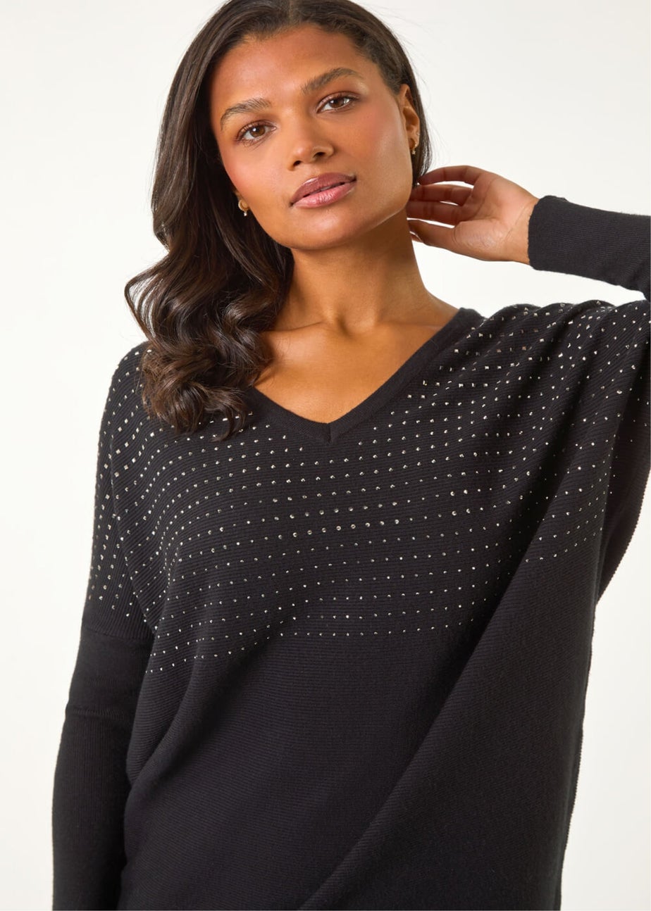 Roman Black Relaxed Sparkly V-Neck Knitted Jumper
