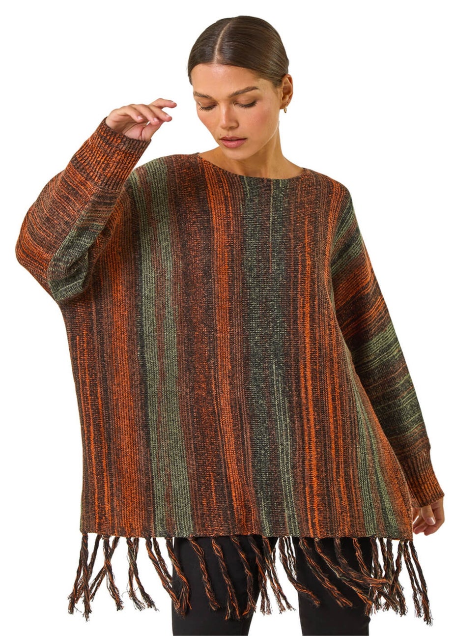 Roman Rust Ombre Vertical Stripe Fringe Jumper