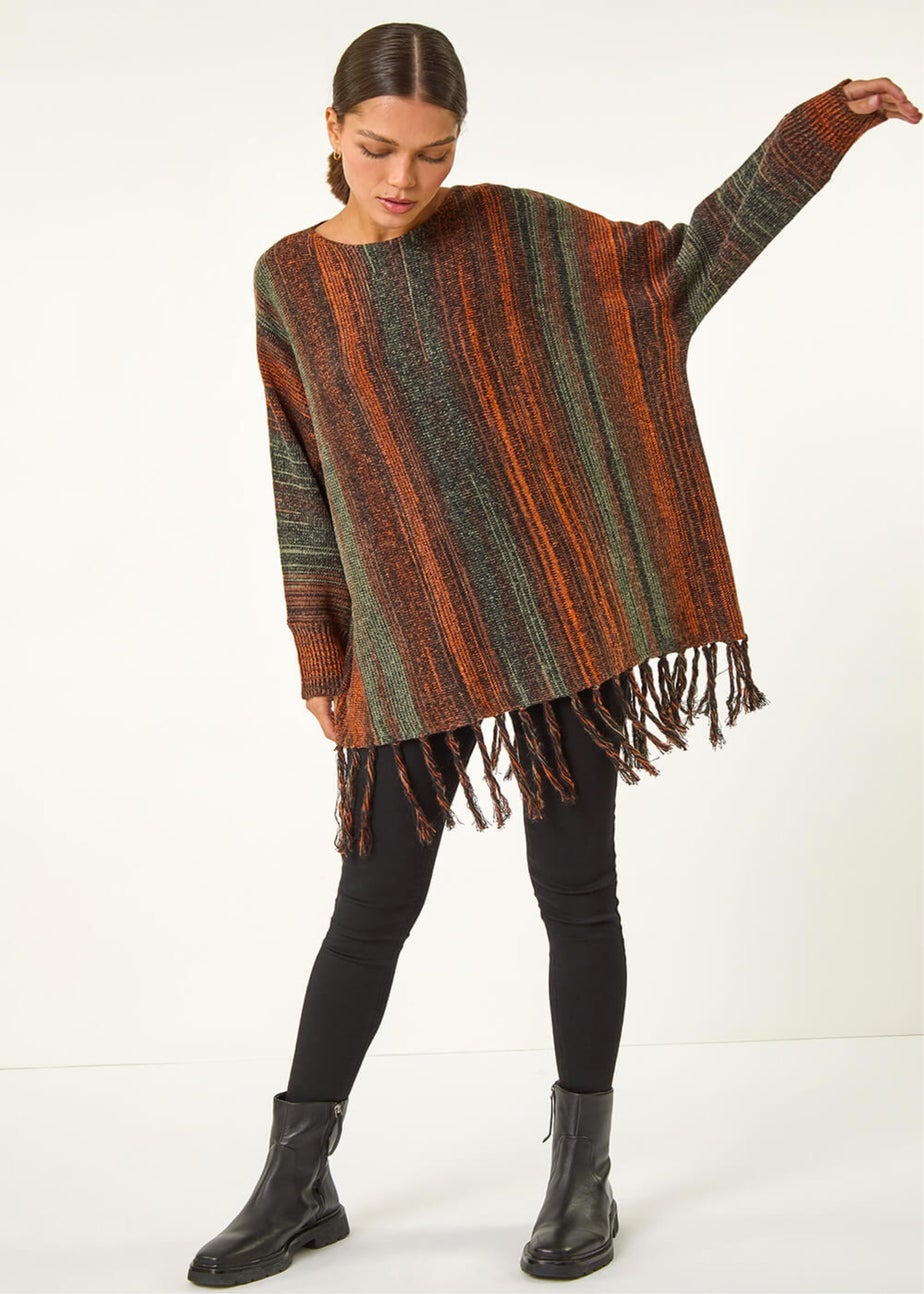 Roman Rust Ombre Vertical Stripe Fringe Jumper