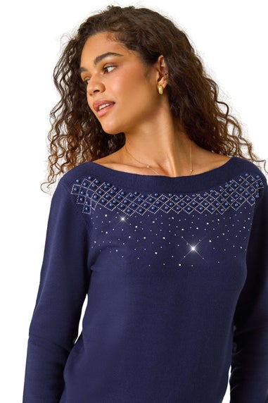 Roman Midnight Blue Embellished Boat Neck Jumper