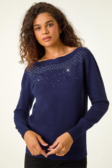 Roman Midnight Blue Embellished Boat Neck Jumper