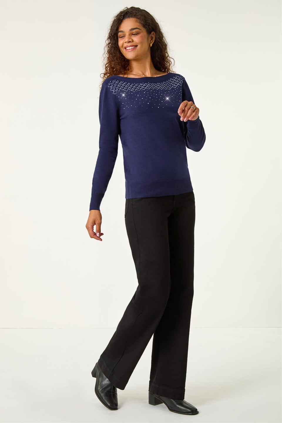 Roman Midnight Blue Embellished Boat Neck Jumper