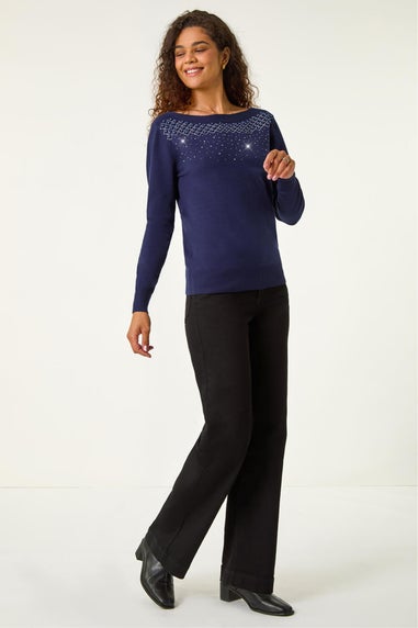 Roman Midnight Blue Embellished Boat Neck Jumper