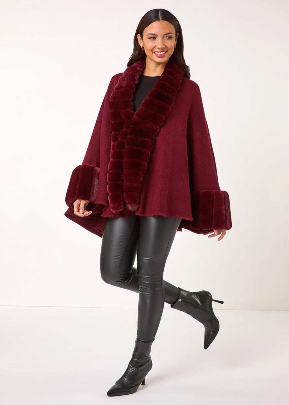 Roman Wine Faux Fur Trim Knitted Poncho