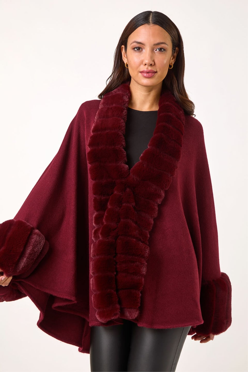 Roman Wine Faux Fur Trim Knitted Poncho