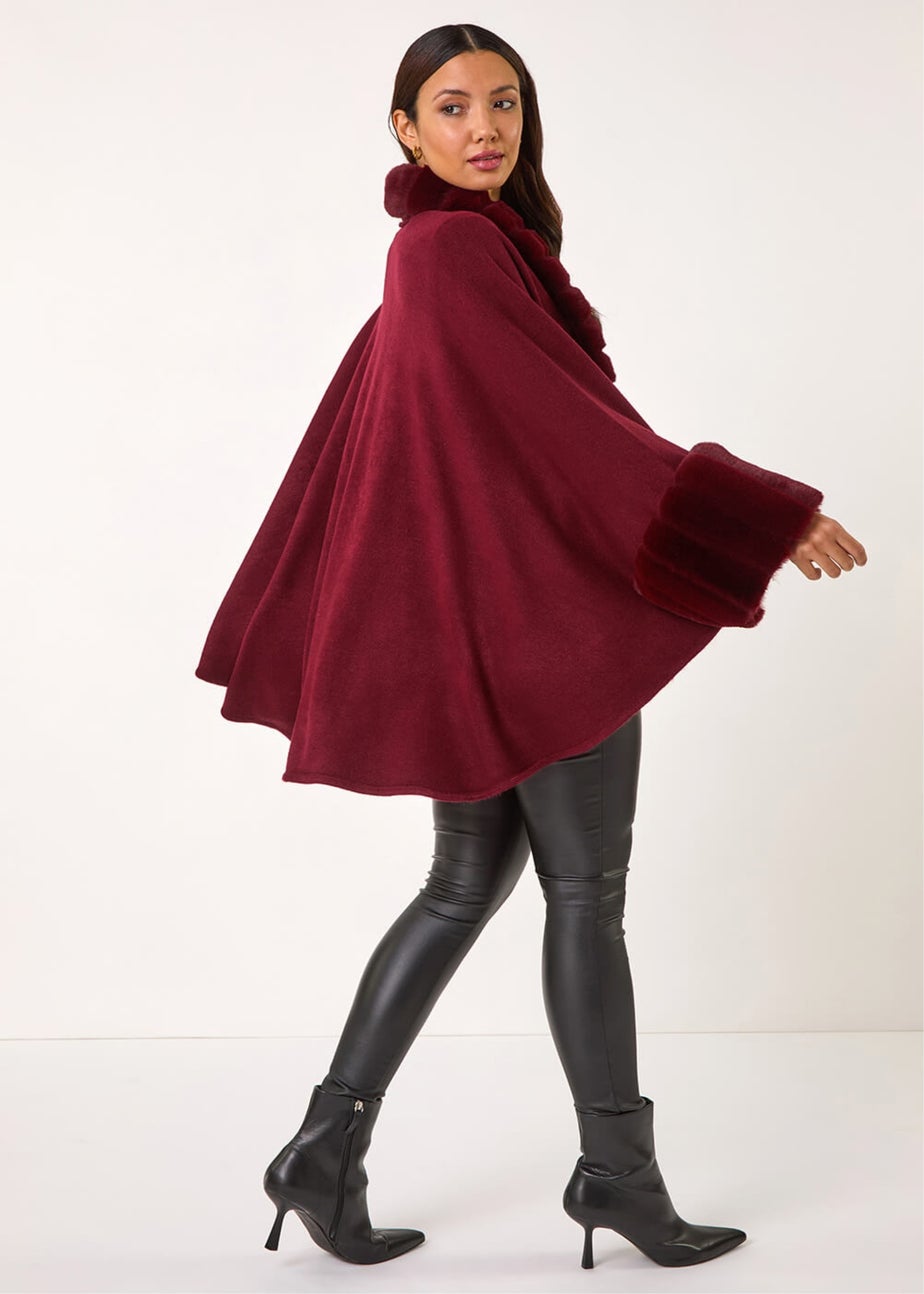 Roman Wine Faux Fur Trim Knitted Poncho
