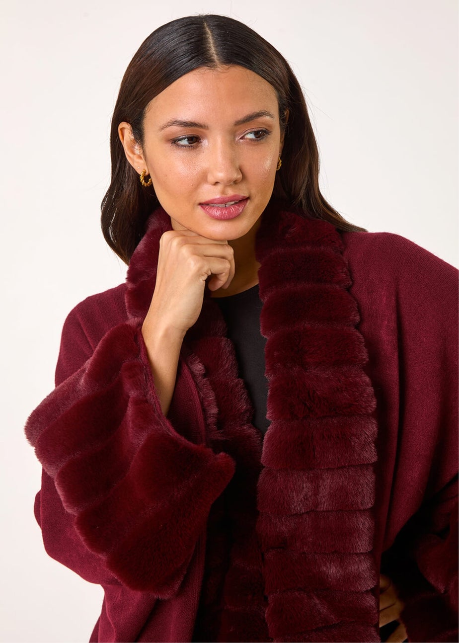 Roman Wine Faux Fur Trim Knitted Poncho