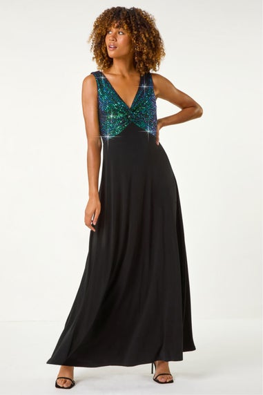 Roman Green Contrast Sequin Bodice Maxi Dress