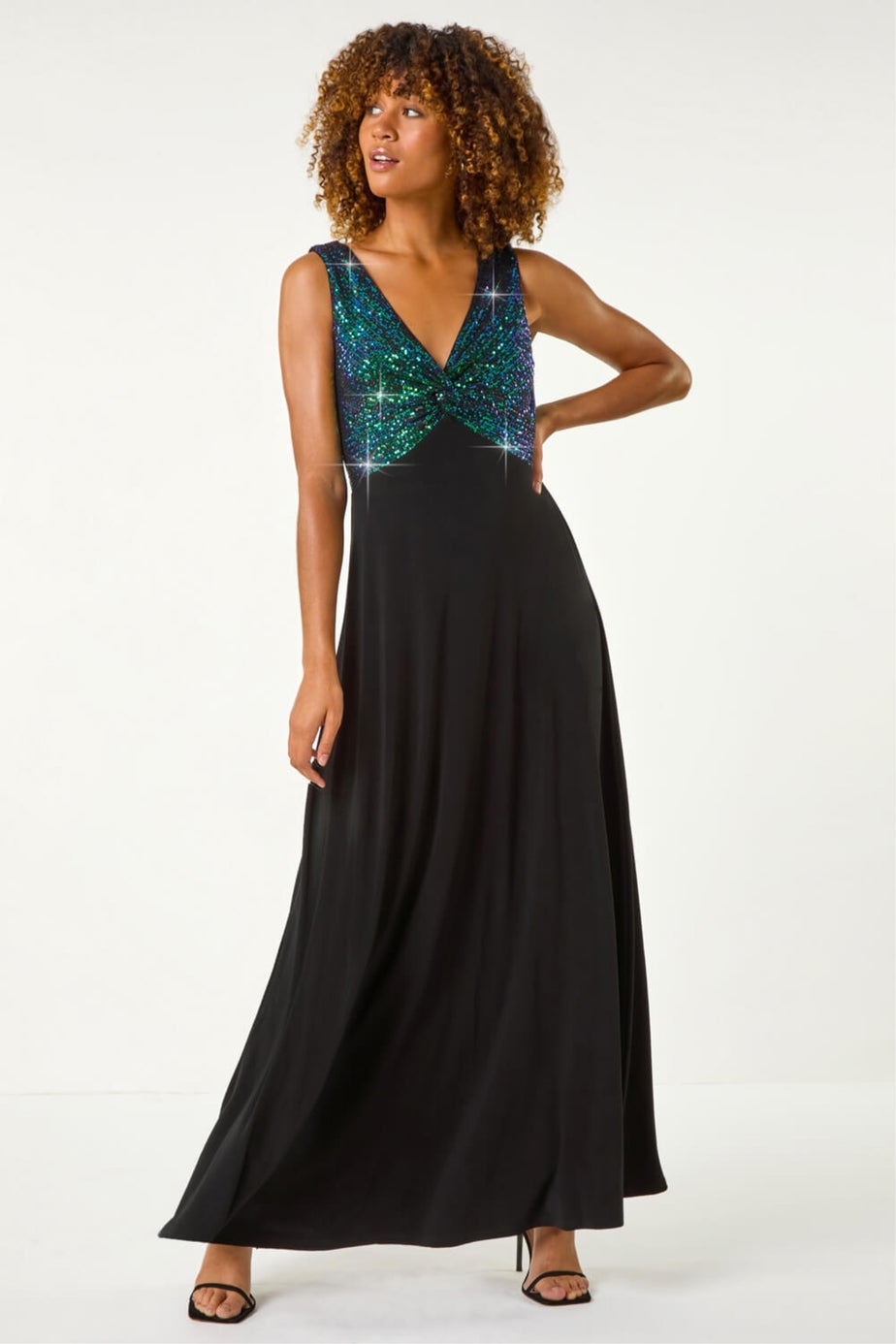 Roman Green Contrast Sequin Bodice Maxi Dress