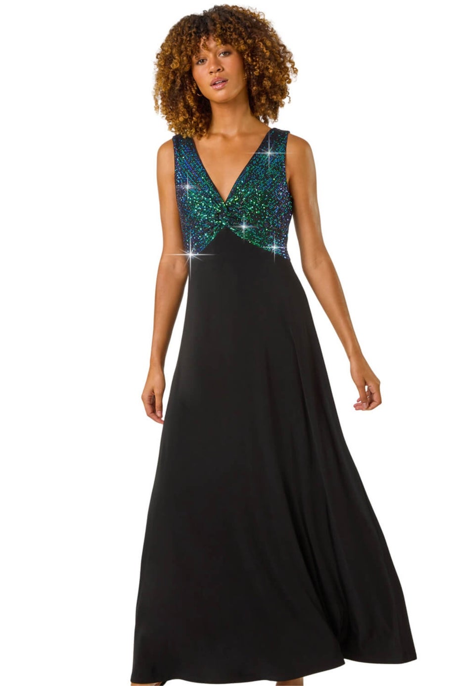 Roman Green Contrast Sequin Bodice Maxi Dress