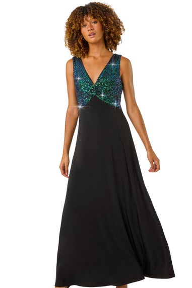 Roman Green Contrast Sequin Bodice Maxi Dress