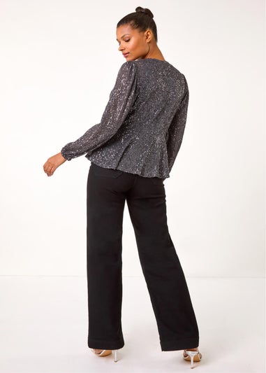 Roman Grey Sequin Tie Front Stretch Top