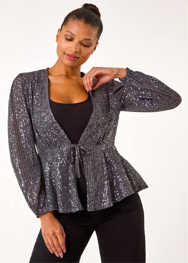 Roman Grey Sequin Tie Front Stretch Top