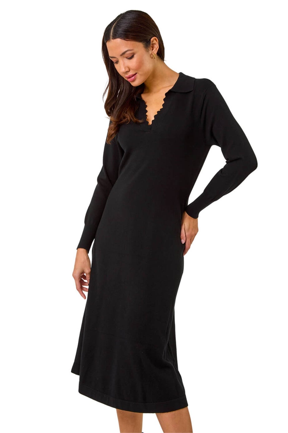 Roman Black Scallop Detail Knitted Midi Dress