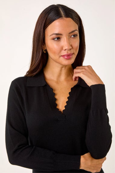 Roman Black Scallop Detail Knitted Midi Dress