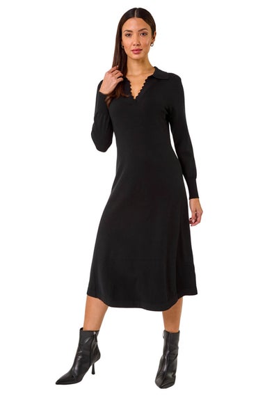 Roman Black Scallop Detail Knitted Midi Dress
