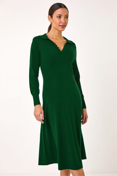Roman Dark Green Scallop Detail Knitted Midi Dress
