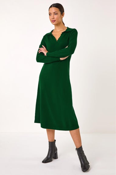 Roman Dark Green Scallop Detail Knitted Midi Dress