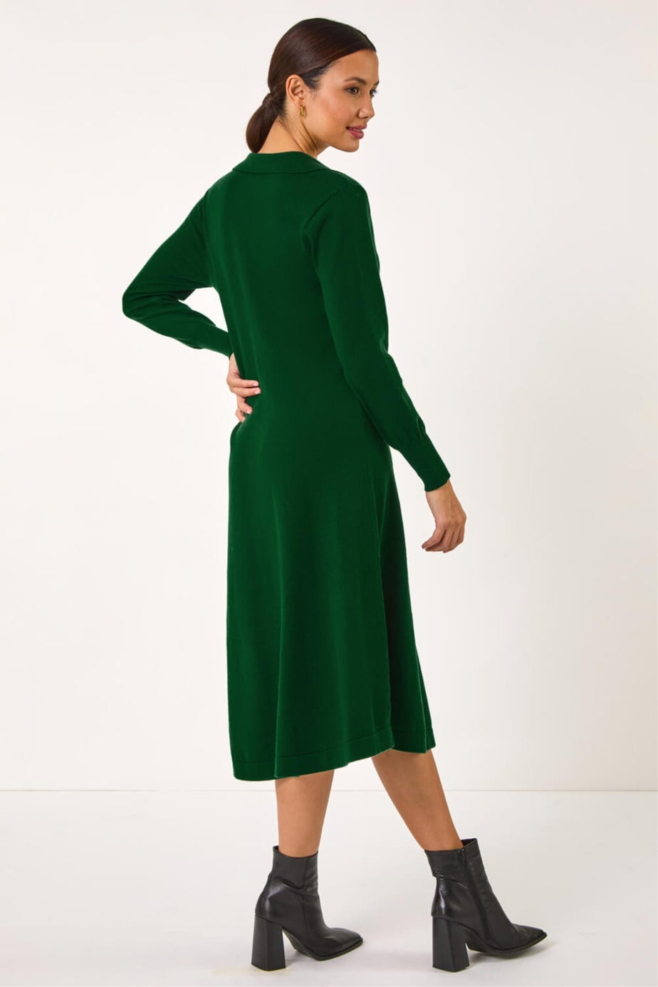 Roman Dark Green Scallop Detail Knitted Midi Dress