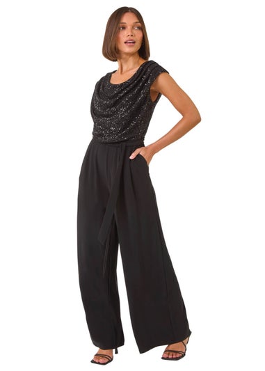 Roman Black Sequin Bodice Cowl Neck Jumpsuit