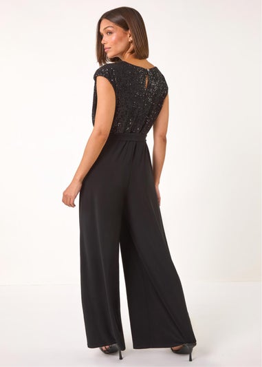 Roman Black Sequin Bodice Cowl Neck Jumpsuit