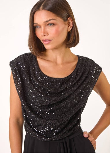 Roman Black Sequin Bodice Cowl Neck Jumpsuit
