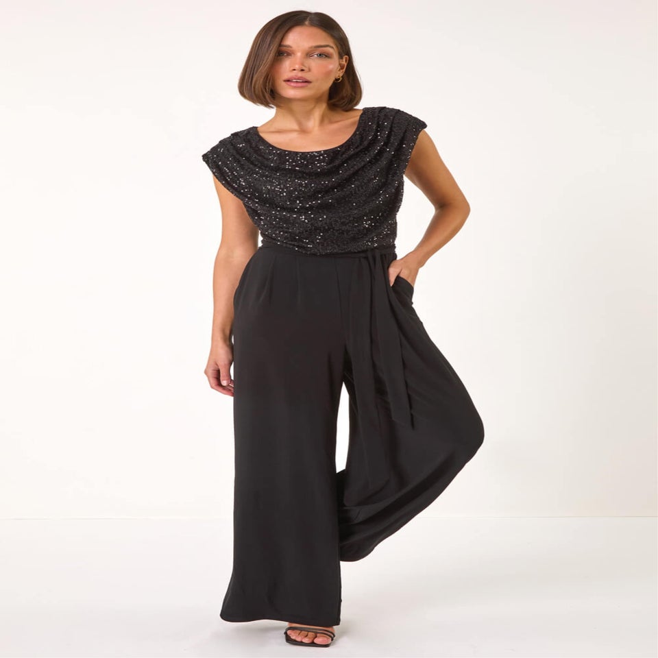 Roman Black Sequin Bodice Cowl Neck Jumpsuit