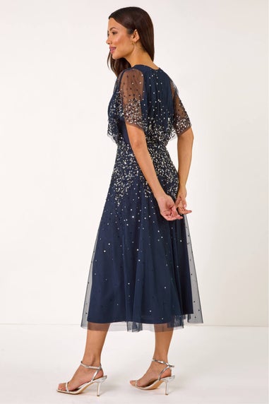 Roman Navy Embellished Angel Sleeve Midi Dress