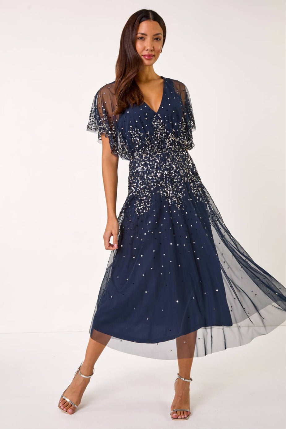 Roman Navy Embellished Angel Sleeve Midi Dress