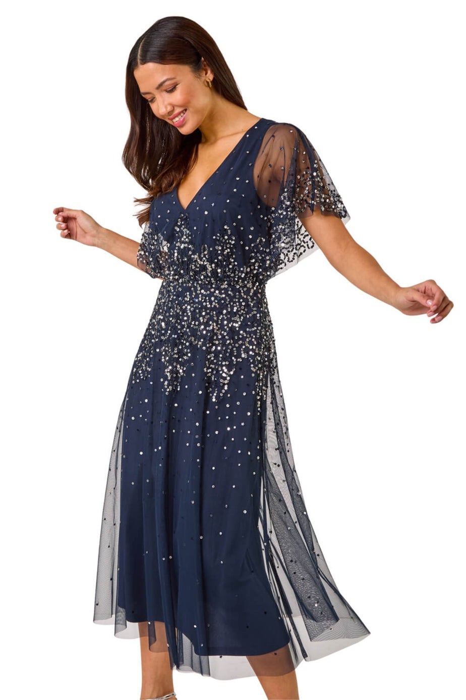 Roman Navy Embellished Angel Sleeve Midi Dress