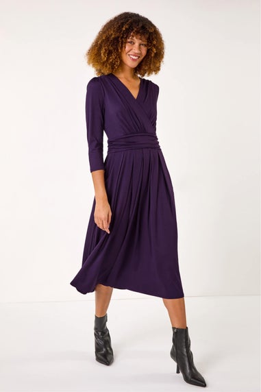 Roman Purple Mock Wrap V-Neck Stretch Midi Dress