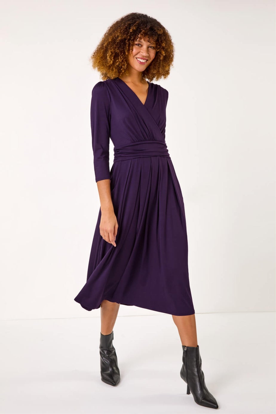 Roman Purple Mock Wrap V-Neck Stretch Midi Dress