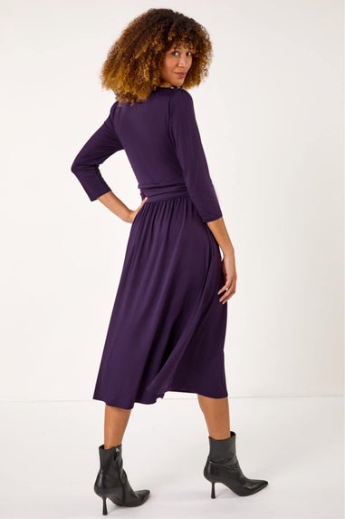 Roman Purple Mock Wrap V-Neck Stretch Midi Dress